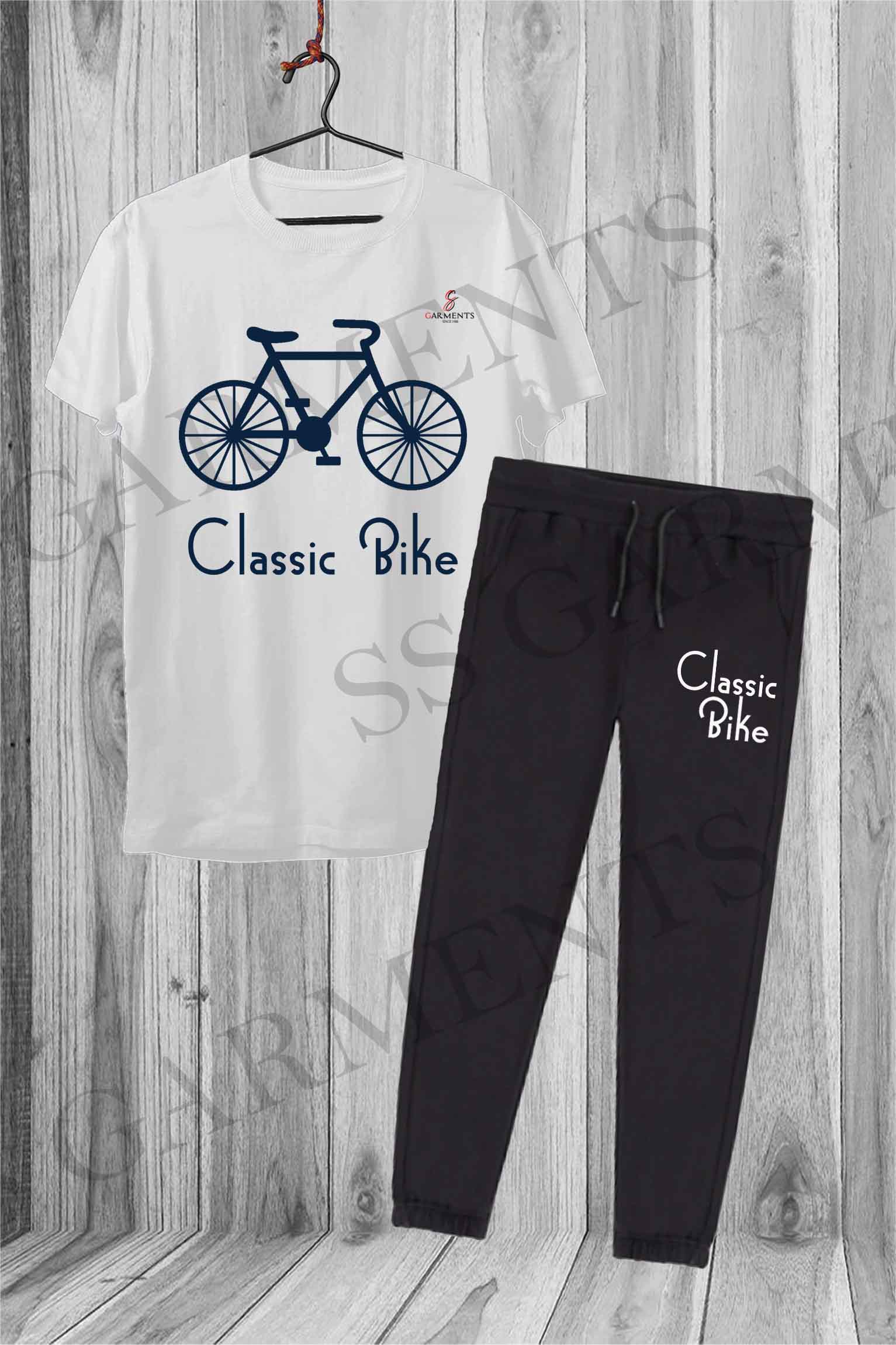 Short Sleeve Round Classic Bikes Printed Tracksuit