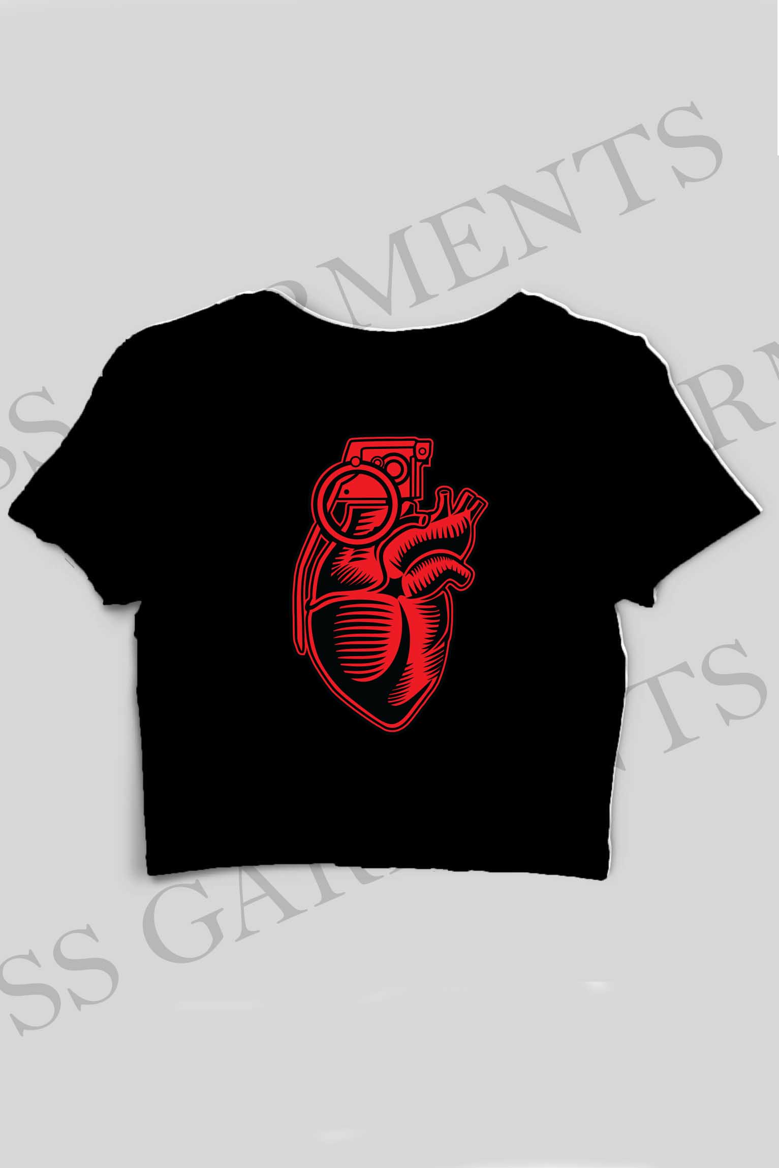 Crop Top Round Neck Heart Inside Printed T-shirt
