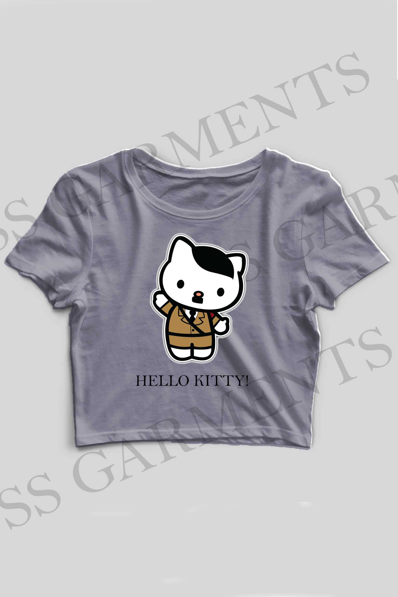 Crop Top Round Neck Cute Kitty Printed T-shirt