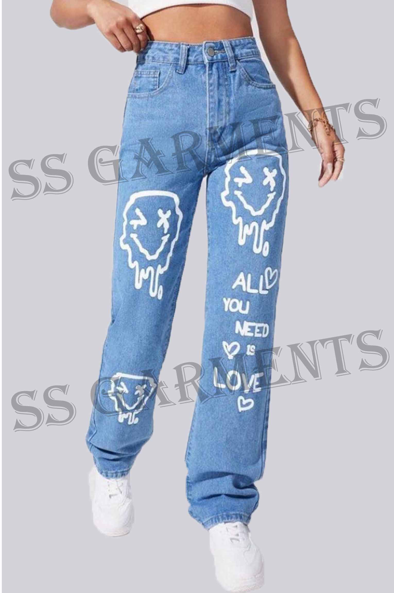 All You Need is Love Printed Denim Jeans with Cotton and Nylon Soft Fabric