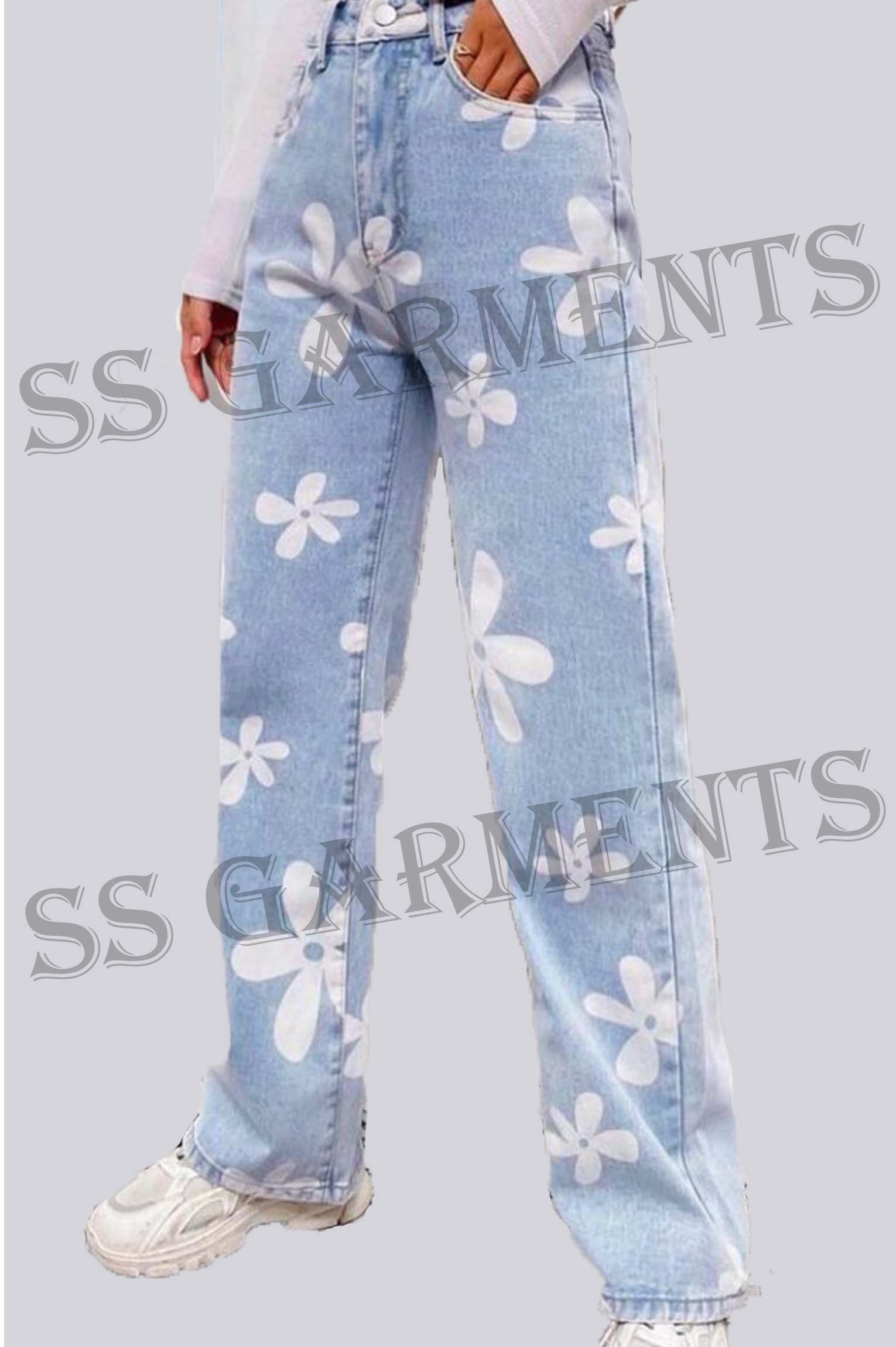 Flower Printed Denim Jeans
