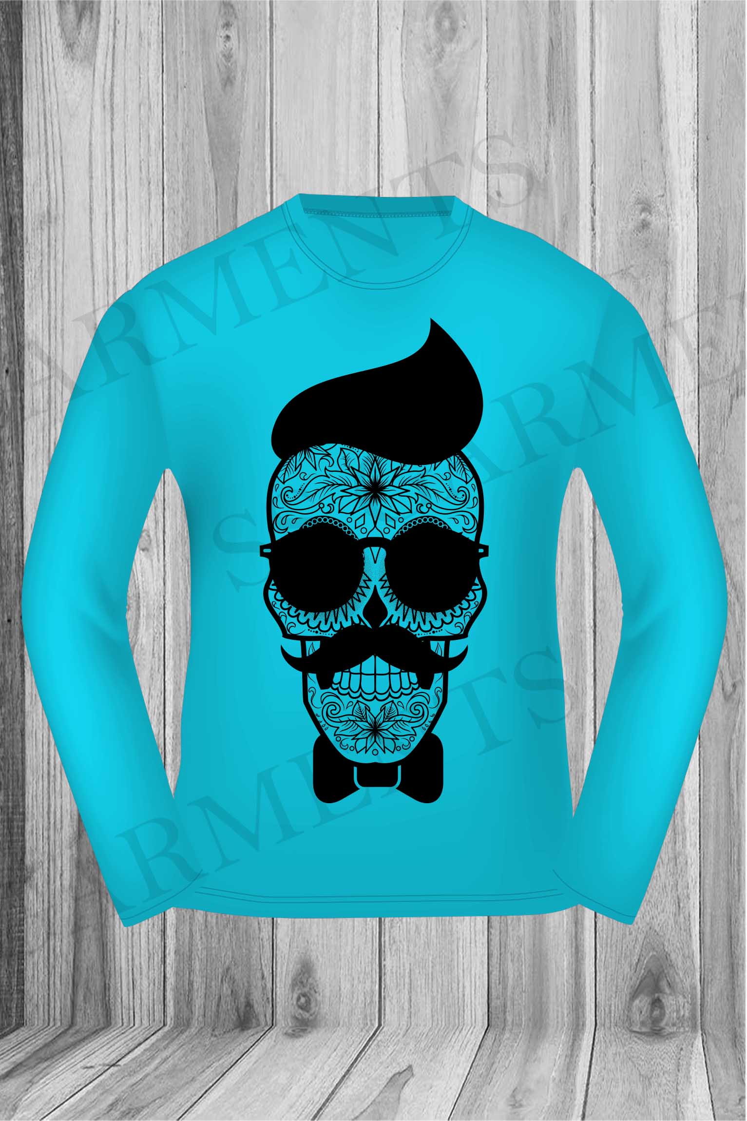 Long Sleeve Round Neck Skull and Moustache Printed T-Shirt