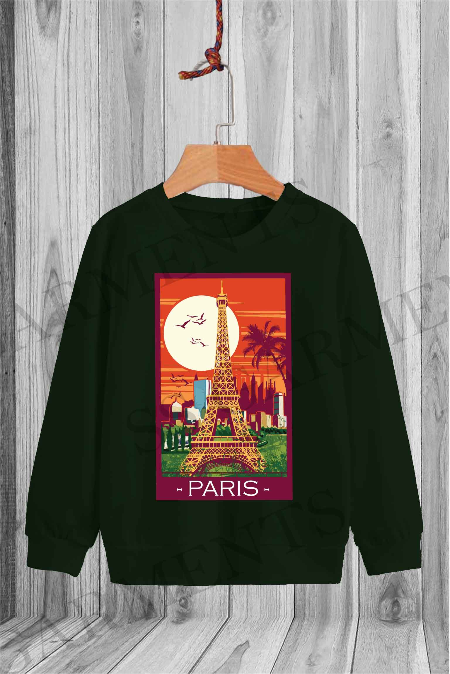 Long Sleeve Fleece Round Neck Paris Eiffel Tower Printed Sweatshirt