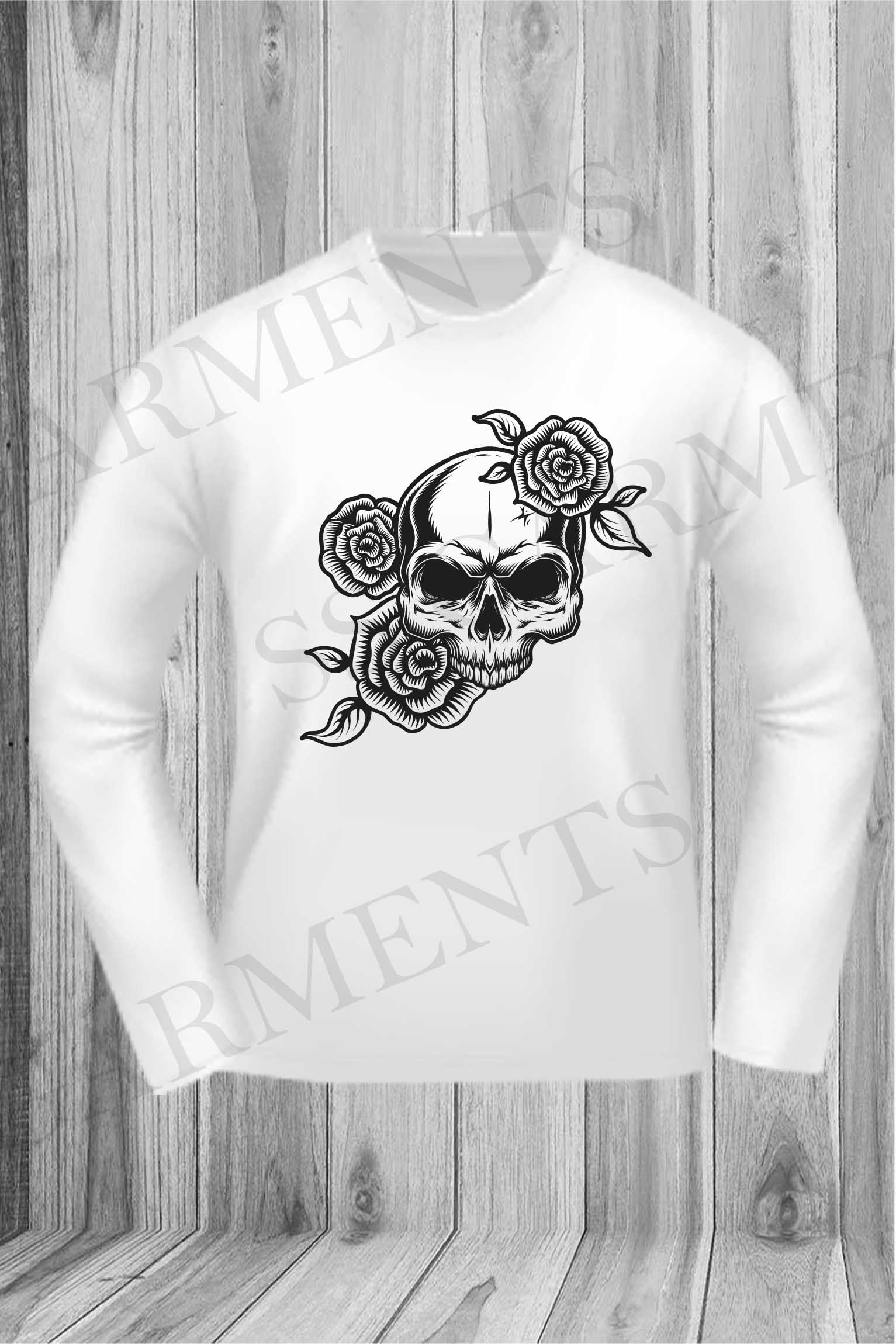 Trendy Full Sleeve Round Neck Skull Flowers Printed T-Shirt