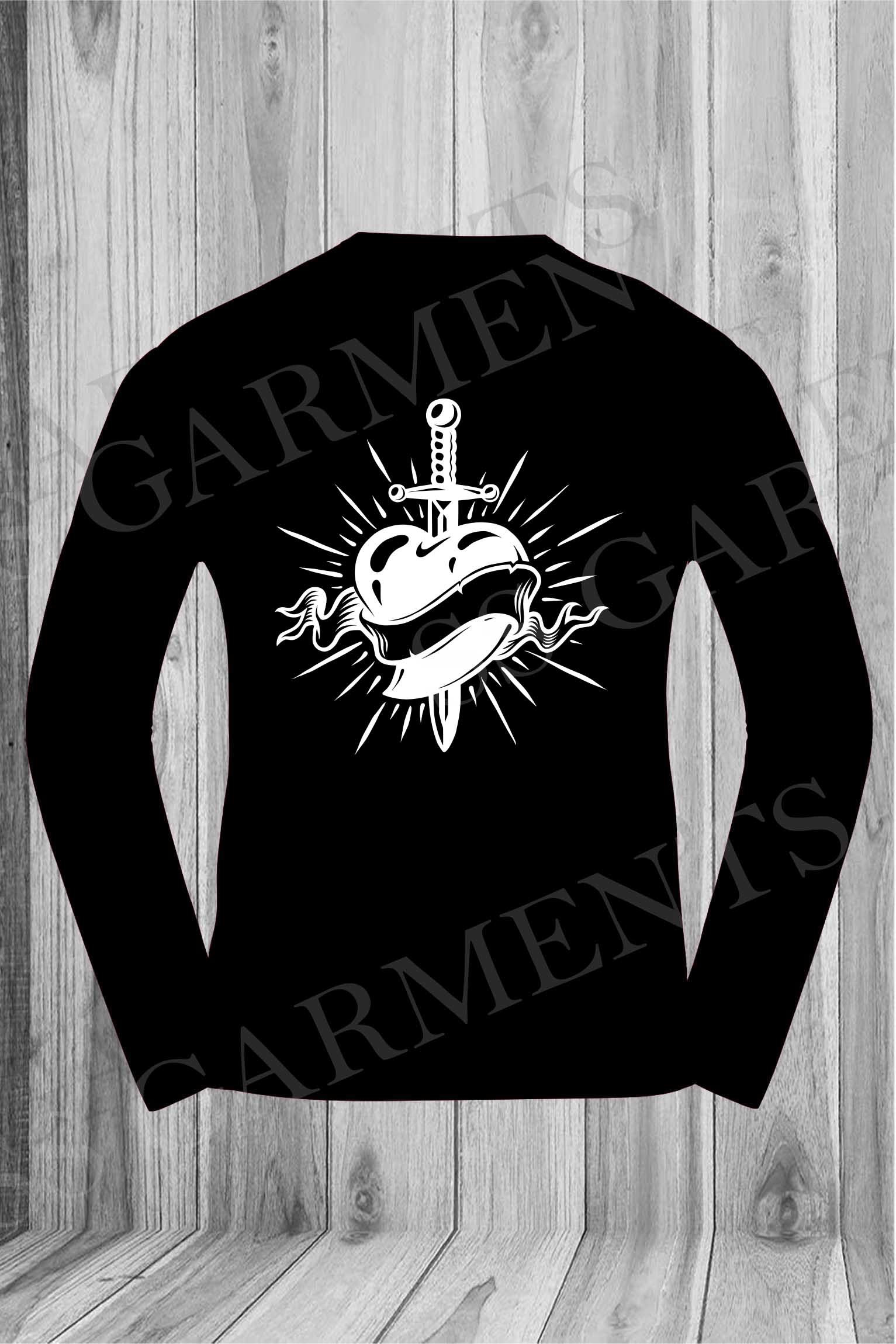 Long Sleeve Round Neck Sword in Heart Printed T-Shirt